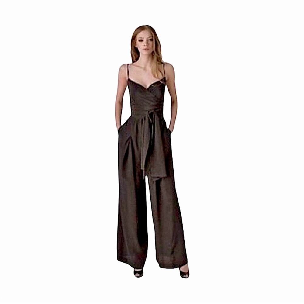 BCBGMaxAzria Black 100% Silk Adjustable Waist Wrap Wide Leg Jumpsuit Women 4